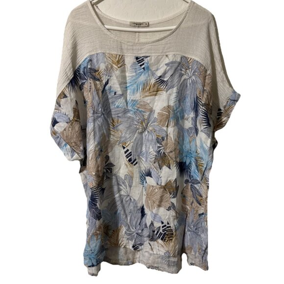 Lungo L'arno Blue Tan Floral Linen Pullover Blouse Size 3X - Picture 1 of 6
